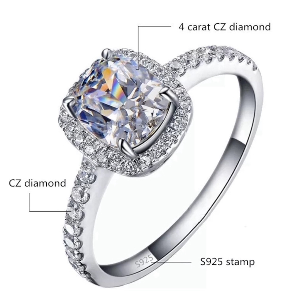 6ct Cushion Cut Halo Engagement Ring | 925 Sterling Silver Platinum - Picture 14 of 16